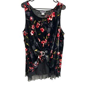 Pyramid Collection Black Floral Sleeveless Top With Sparkle Buckle SZ XL Y2k